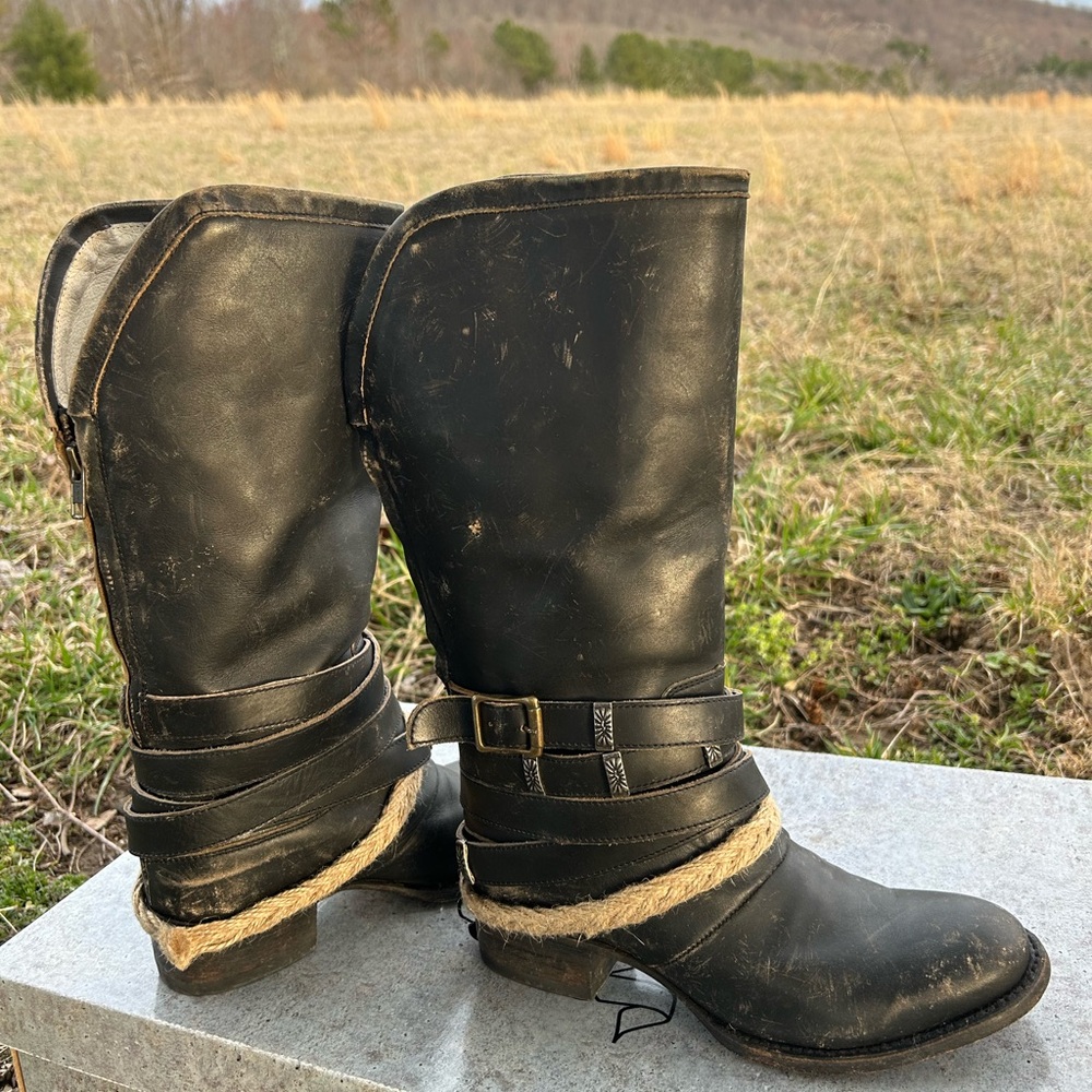 Freebird Drove Black Leather Boots with Buckle Accents